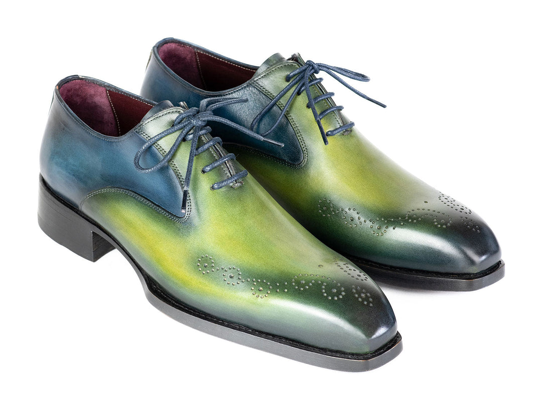 Handcrafted Paul Parkman Goodyear Welted Punched Oxfords in striking blue and green color combination, style ID#5364-GBL