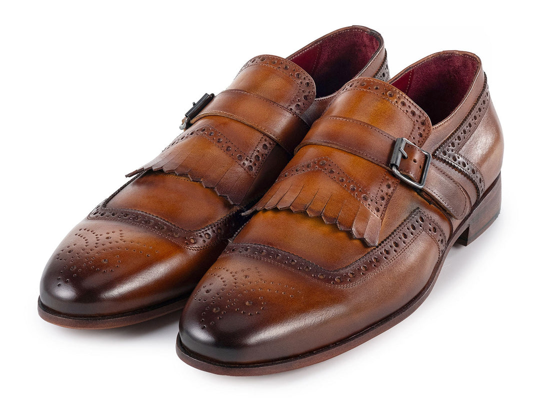 Paul Parkman Men's Kiltie Monkstrap Shoes Brown Leather with unique buckle and kiltie design