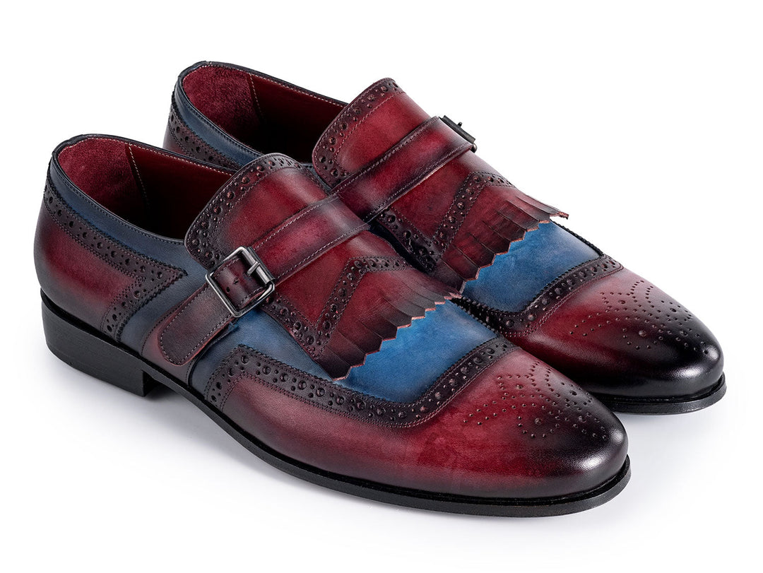 Paul Parkman Men's Kiltie Monkstrap Shoes Blue & Burgundy Leather, stylish and handcrafted Italian footwear