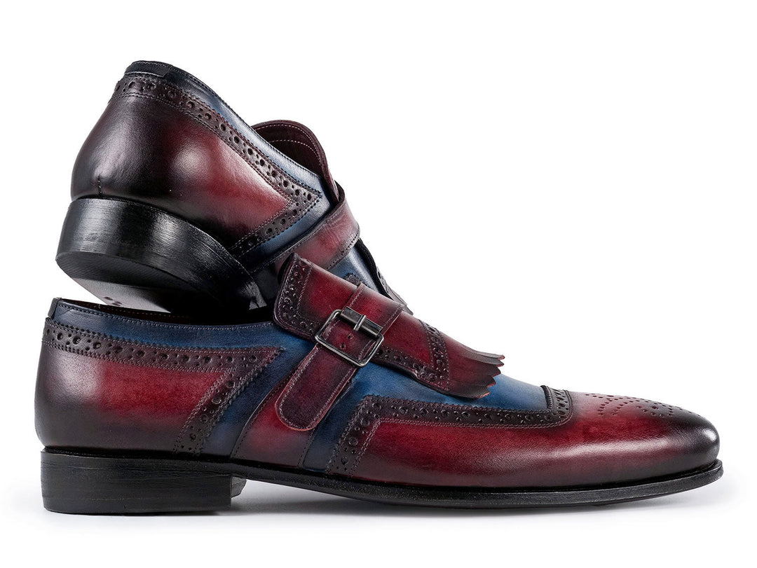 Paul Parkman Men's Kiltie Monkstrap Shoes Blue & Burgundy Leather, handcrafted luxury footwear