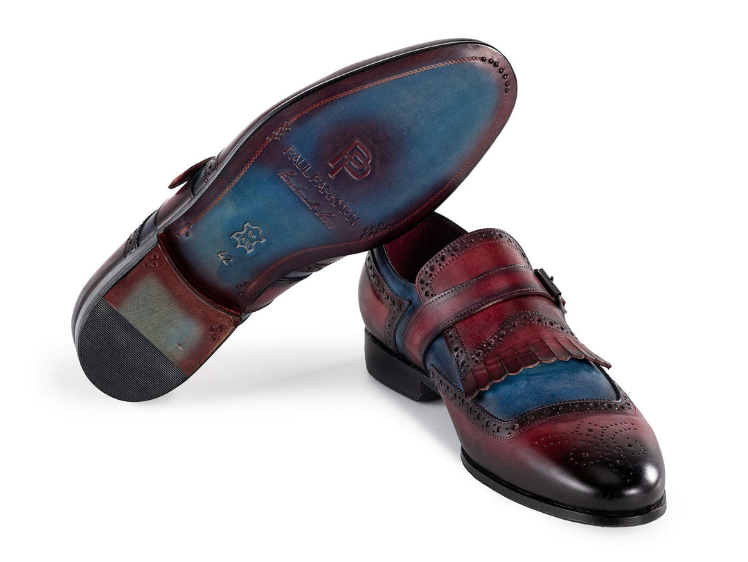 Paul Parkman Men's Kiltie Monkstrap Shoes in Blue and Burgundy Leather