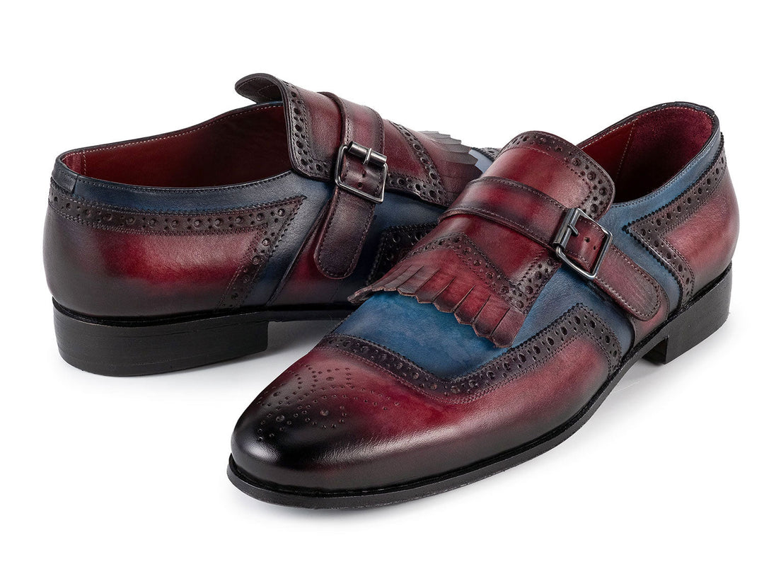 Handcrafted Paul Parkman men's kiltie monkstrap shoes in blue and burgundy leather