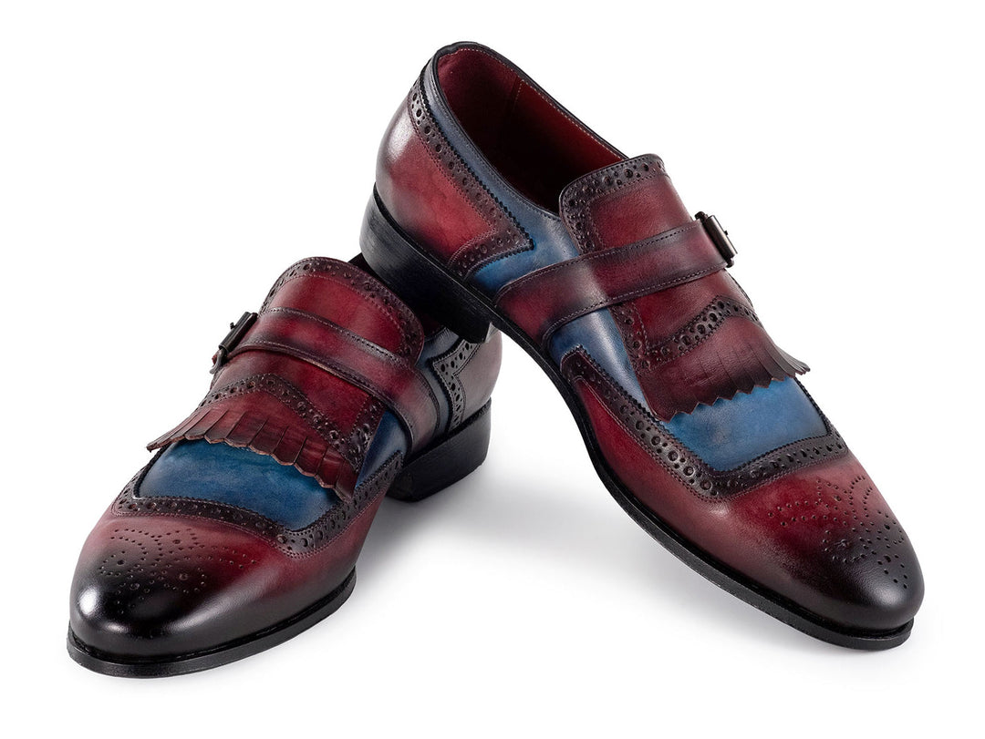 Paul Parkman Men's Kiltie Monkstrap Shoes in Blue & Burgundy Leather, ID#12MV62