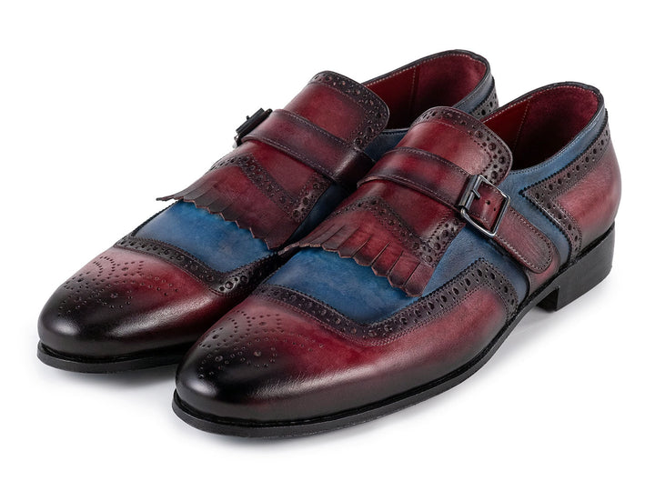 Handcrafted Paul Parkman men's kiltie monkstrap shoes in blue & burgundy leather