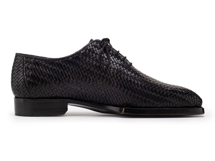 A pair of hand-welted black woven leather oxford shoes for men by Paul Parkman (ID#144WN72)