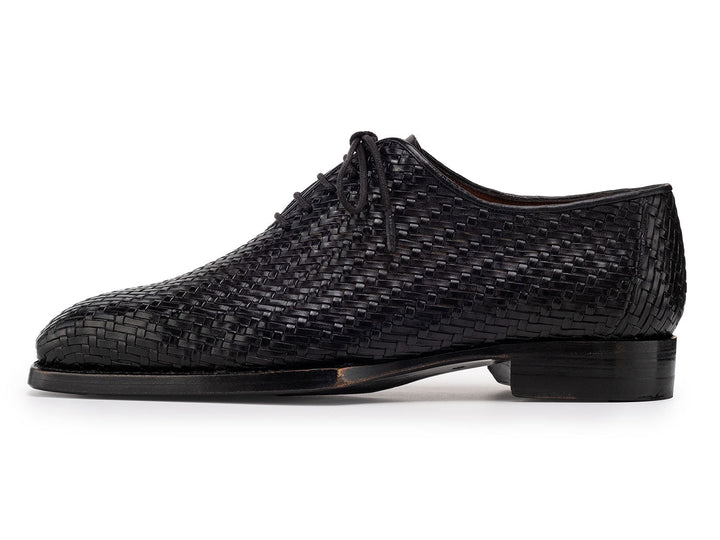 Paul Parkman Black Woven Leather Hand-Welted Oxford Shoes for Men (ID#144WN72) featuring intricate hand-welted construction and luxurious woven leather detailing