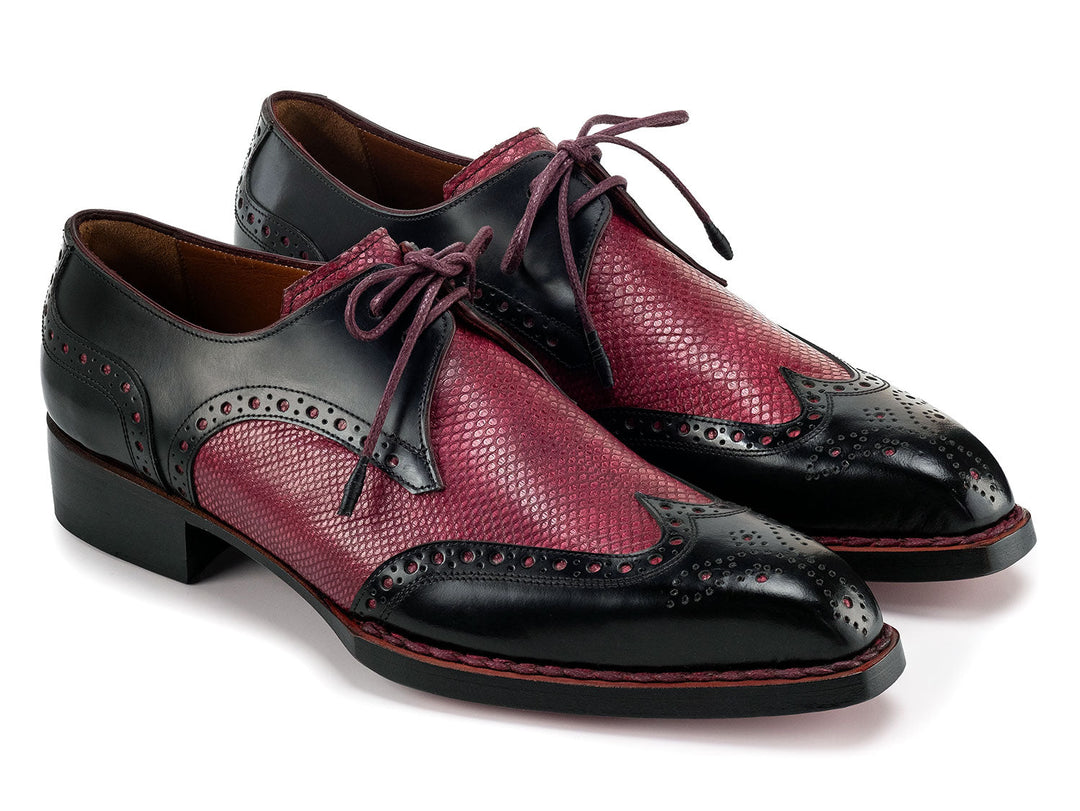 Handcrafted black and red leather wingtip derby shoes for men