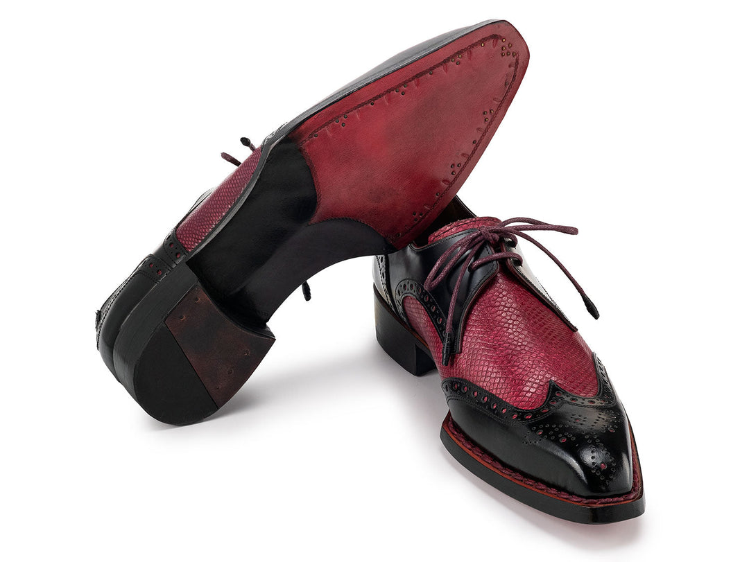 Hand-welted wingtip derby shoes in black and red leather