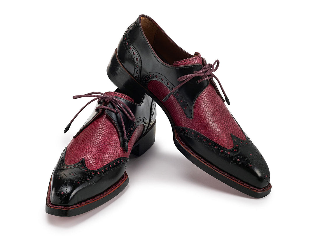 Luxurious hand-welted black and red leather wingtip derby shoes