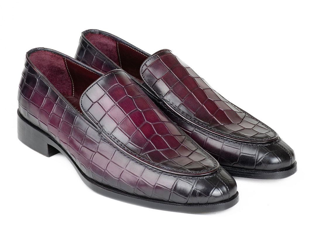 Handcrafted Paul Parkman crocodile textured leather loafer in luxurious purple shade