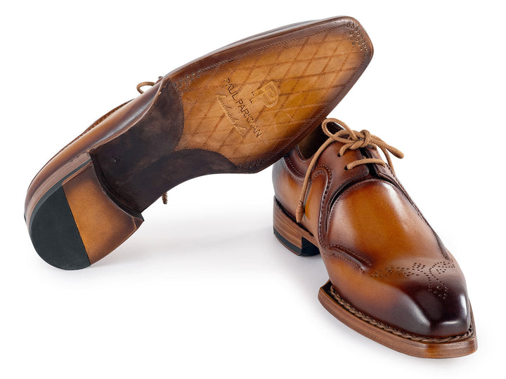 Stylish and sophisticated camel brown leather derby shoes for men with meticulous hand-welting