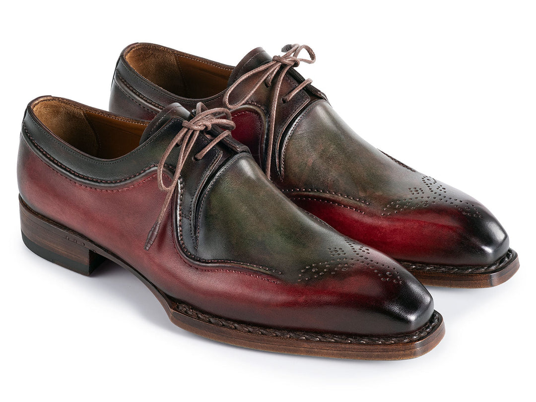 Paul Parkman Men's Hand-Welted Green & Brown Leather Derby Shoes with detailed stitching and comfortable leather sole