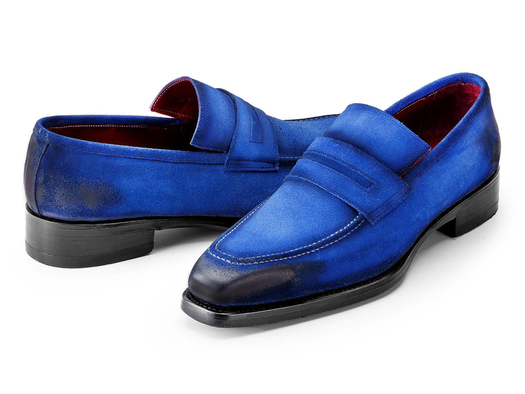 Paul Parkman Blue Antique Suede Goodyear Welted Loafers with leather tassels