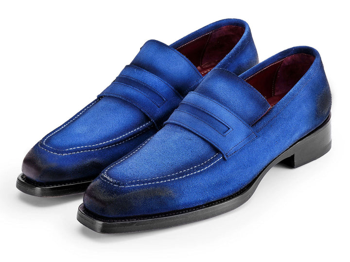 Paul Parkman Blue Antique Suede Goodyear Welted Loafers in stylish display setting