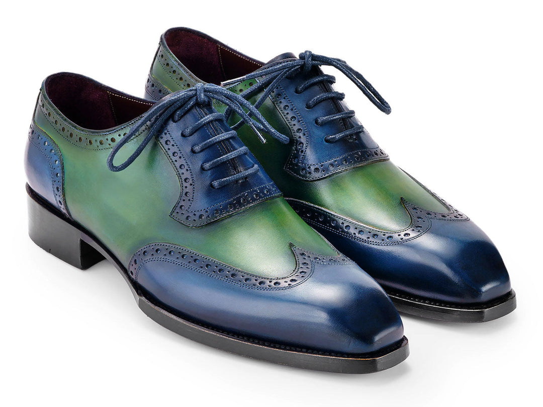 Paul Parkman Goodyear Welted Men's Wingtip Oxfords Blue & Green handcrafted leather shoes for sophisticated gentlemen