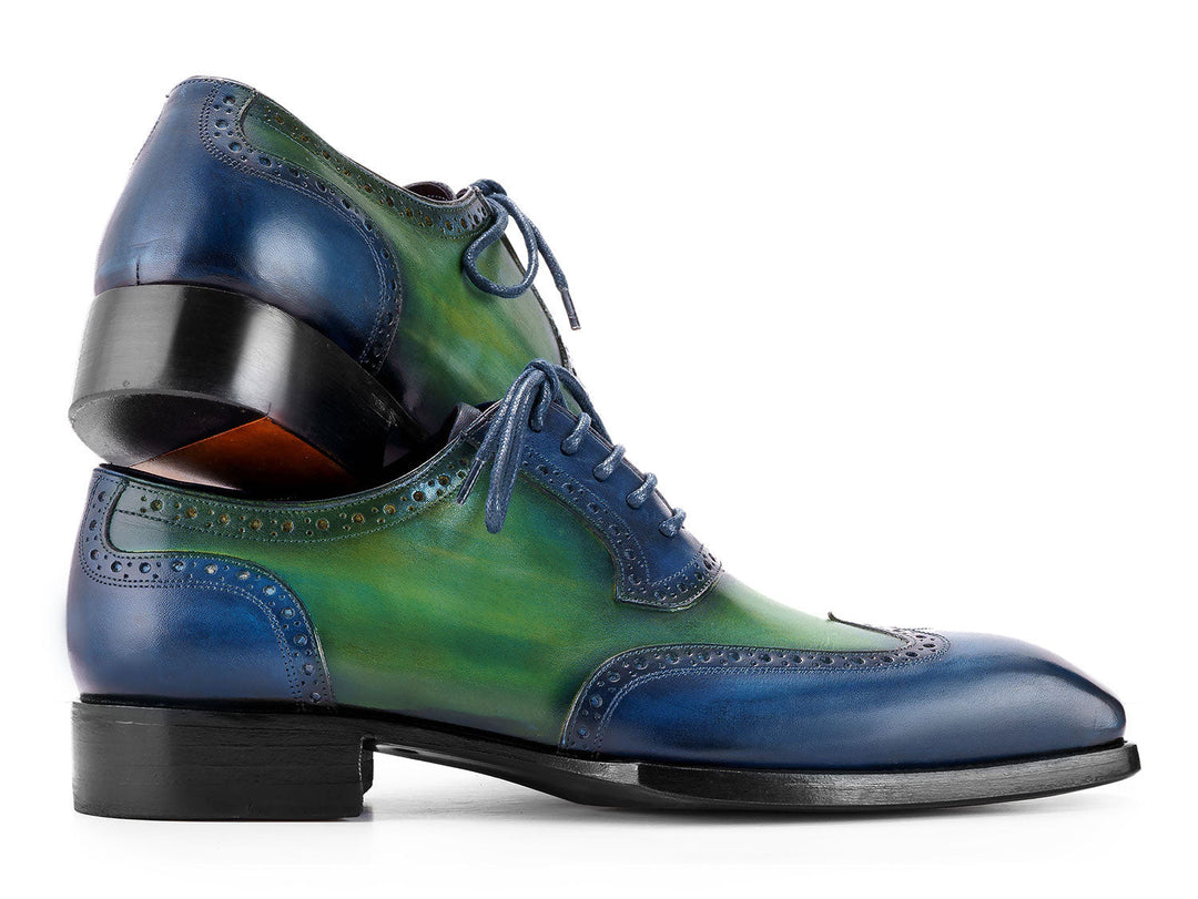 Handcrafted Paul Parkman Goodyear Welted Men's Wingtip Oxfords in Blue & Green, perfect for formal occasions and stylish casual wear (ID#6819-BRN)