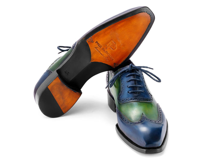 Handcrafted Paul Parkman Goodyear Welted Men's Wingtip Oxfords in stunning blue and green color combination