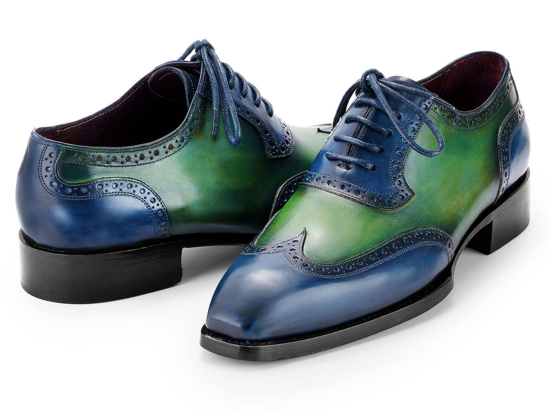 Handcrafted Paul Parkman Goodyear Welted Men's Wingtip Oxfords in stunning blue and green color combination, featuring intricate brogue detailing and superior craftsmanship (ID#6819-BRN)