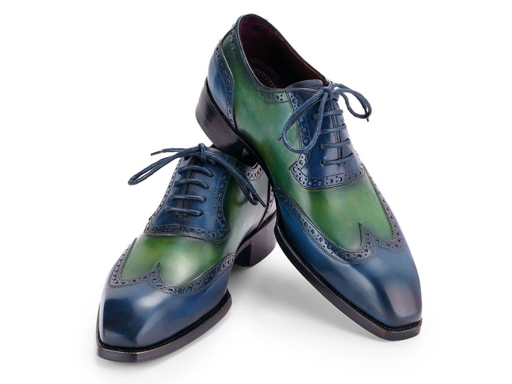 Handcrafted Paul Parkman Goodyear Welted Men's Wingtip Oxfords in striking blue and green color combination, ideal for making a bold fashion statement (ID#6819-BRN)