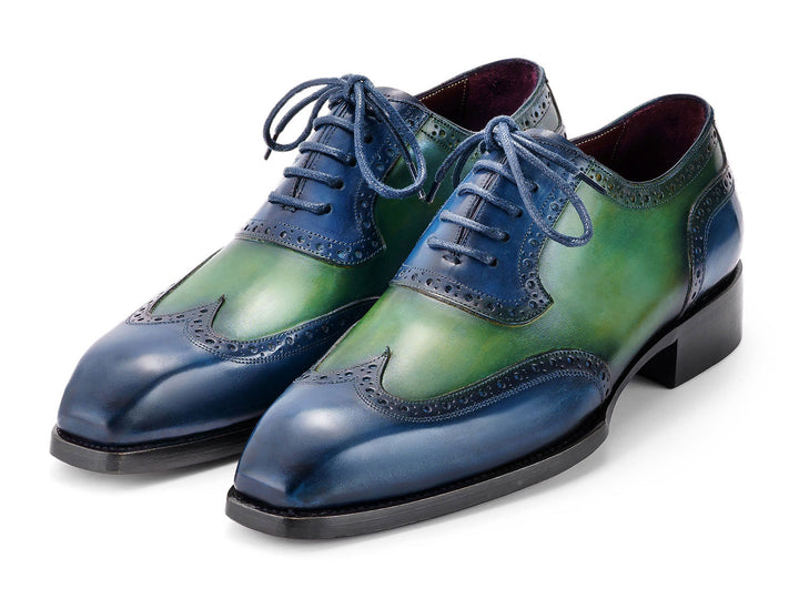 Handcrafted Paul Parkman Goodyear Welted Men's Wingtip Oxfords in striking blue and green color combination, item number 6819-BRN