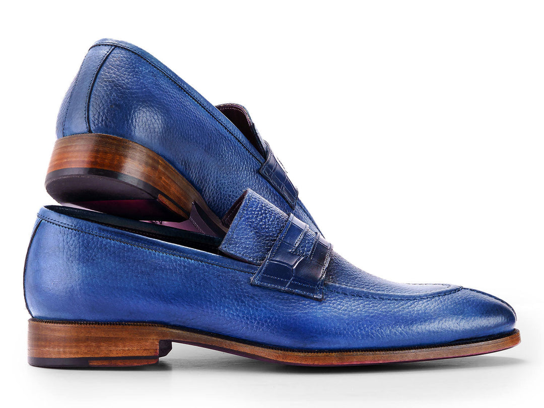 Paul Parkman Men's Split Toe Loafer Shoes Blue with Hand-Painted Leather and Goodyear Welted Construction (ID#694BL65)