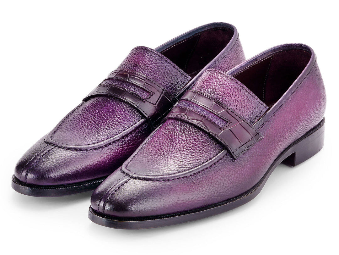 Luxurious men's split toe loafers with purple leather and stitching