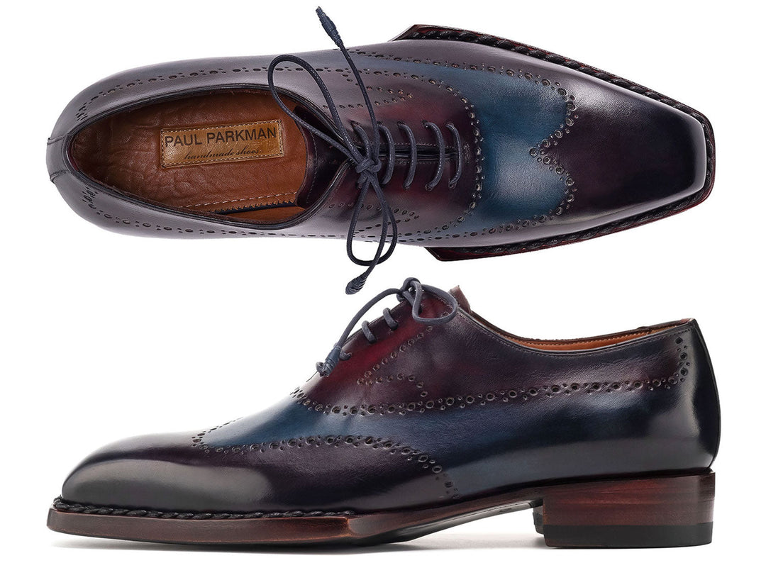 Handcrafted Paul Parkman wingtip oxfords in luxurious Bordeaux and Blue color