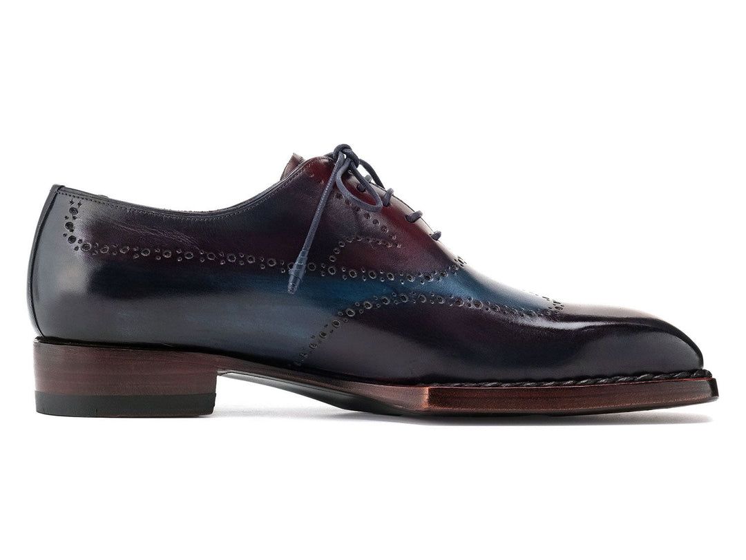 Handcrafted Paul Parkman Goodyear Welted Men's Wingtip Oxfords in sophisticated Bordeaux & Blue color scheme, featuring exquisite craftsmanship and attention to detail (ID#81BRL94)