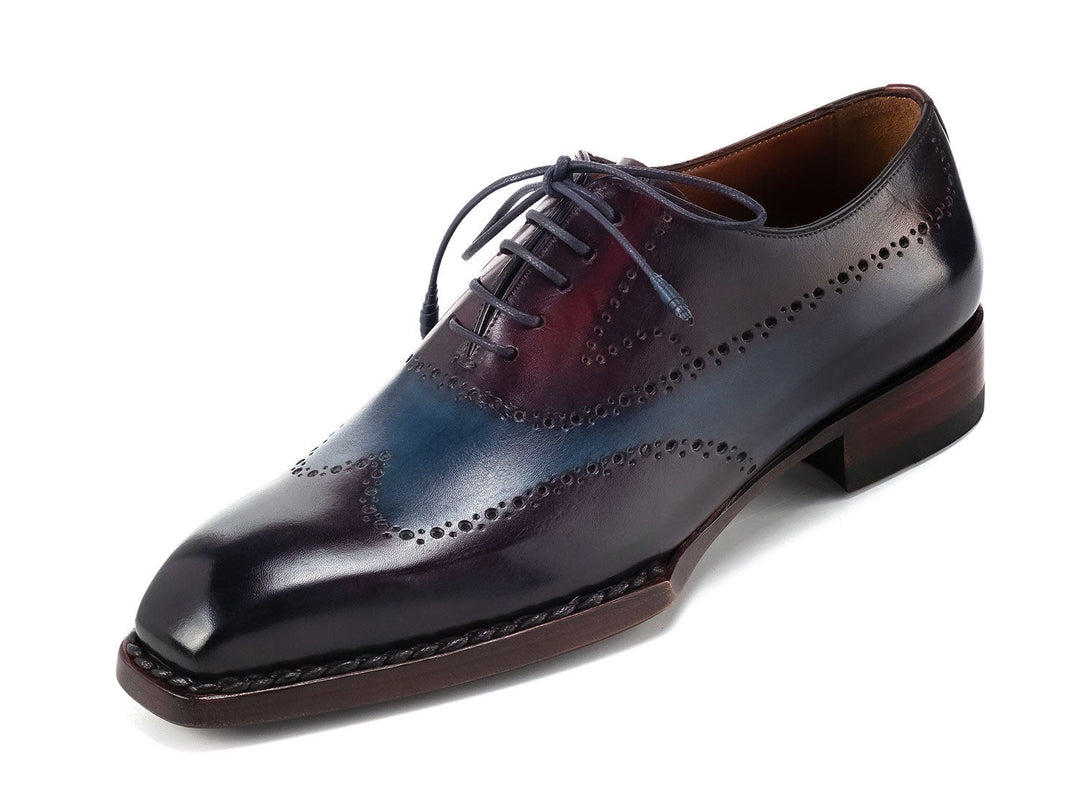 Paul Parkman Goodyear Welted Men's Wingtip Oxfords in Bordeaux and Blue colorway, featuring premium leather construction and intricate brogue detailing