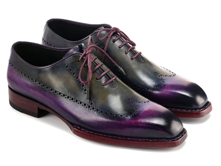 Handcrafted Paul Parkman Goodyear Welted Men's Wingtip Oxfords in Purple & Grey