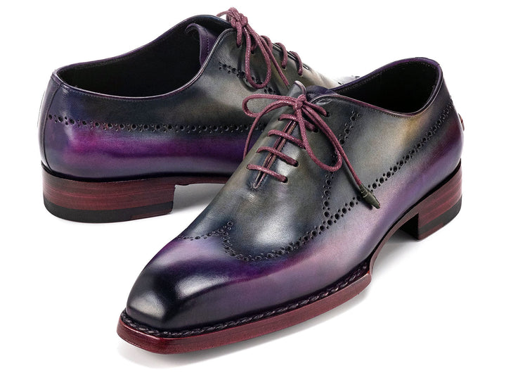 High-quality Paul Parkman Goodyear Welted Men's Wingtip Oxfords in striking purple and grey color combination with intricate detailing(ID#81PRY73)