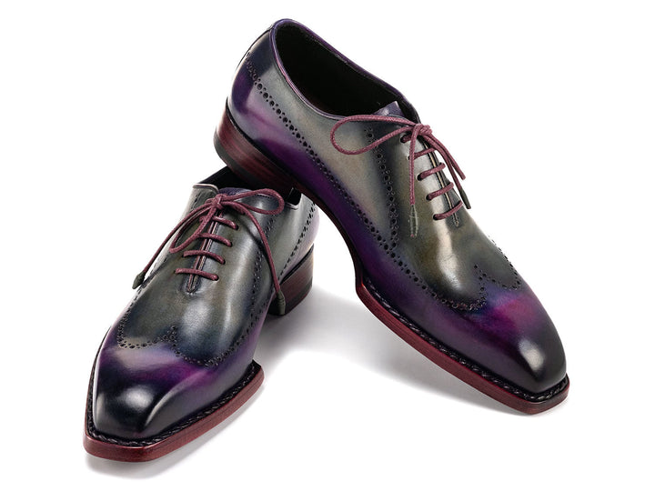 Paul Parkman Goodyear Welted Men's Wingtip Oxfords in Purple and Grey with intricate brogue detailing and durable construction