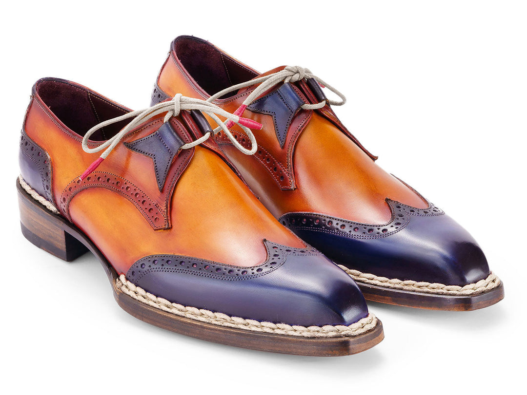 Paul Parkman Norwegian Welted Wingtip Men's Dress Shoes in Blue and Camel with Hand-painted Full Grain Calf Leather Upper and Leather Sole (ID#8505-BLC)