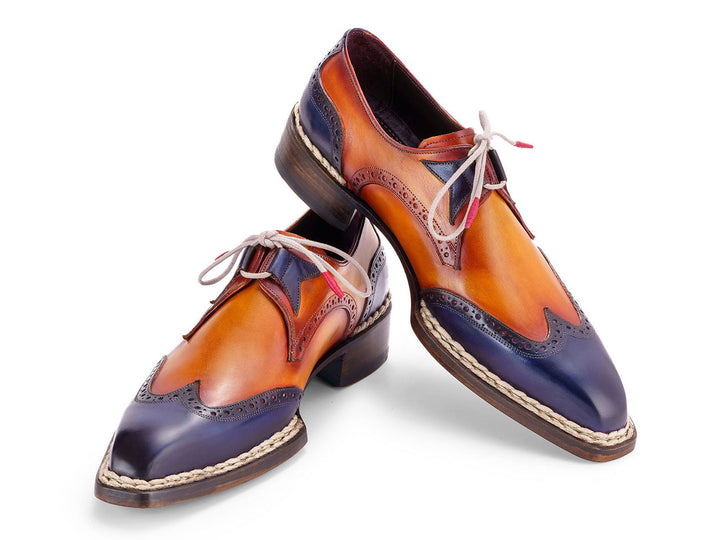 Handcrafted Paul Parkman Norwegian Welted Wingtip Men's Dress Shoes in Blue and Camel color, perfect for any formal occasion, available with ID#8505-BLC