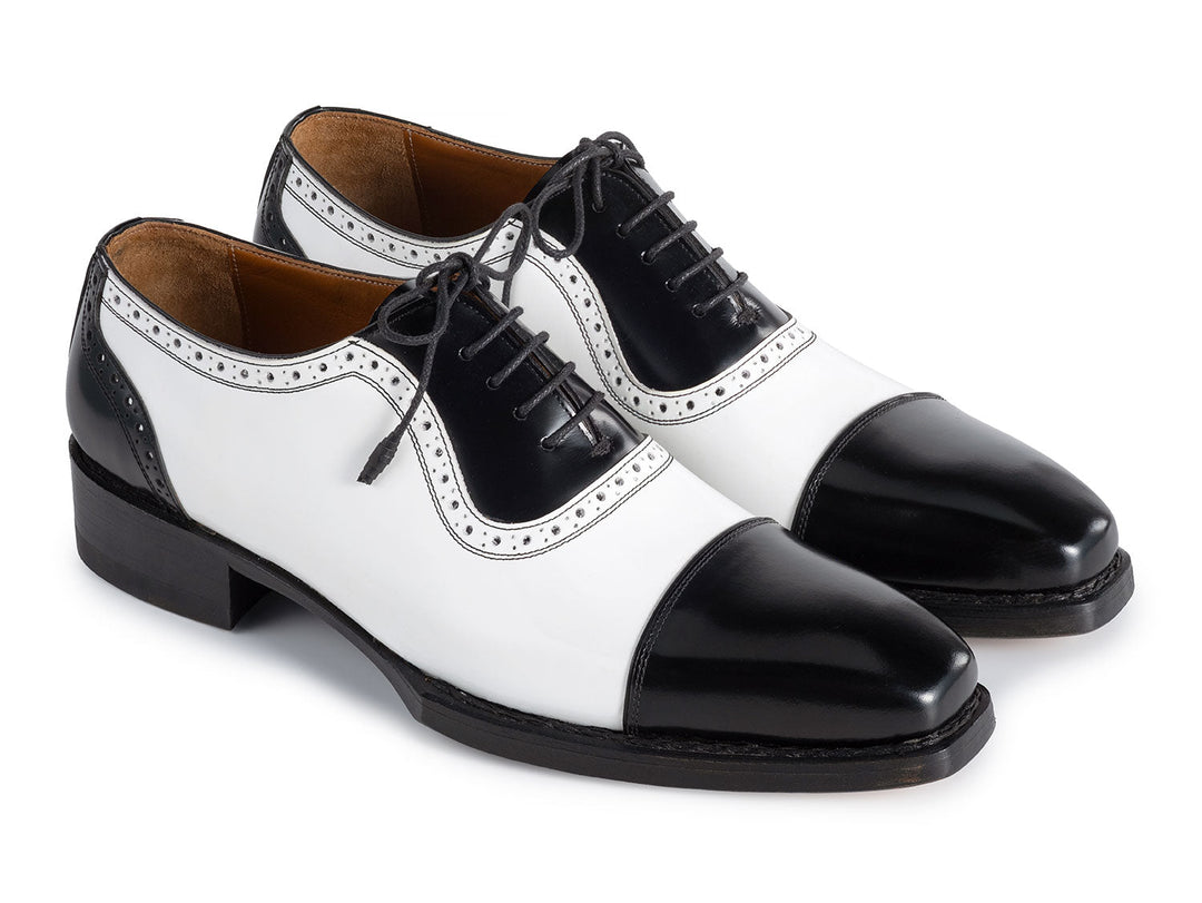 Handcrafted black and white Goodyear welted cap toe oxfords by Paul Parkman