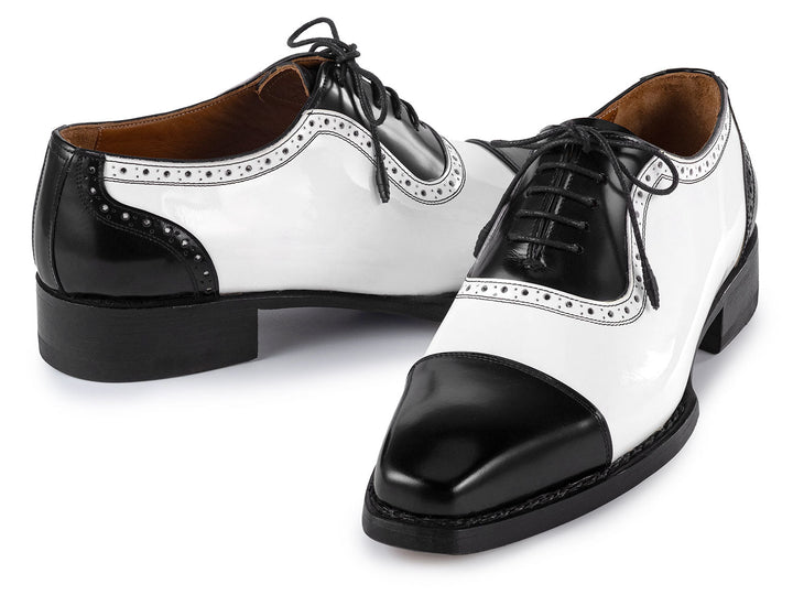 Handcrafted Paul Parkman men's black and white Goodyear welted cap toe oxfords