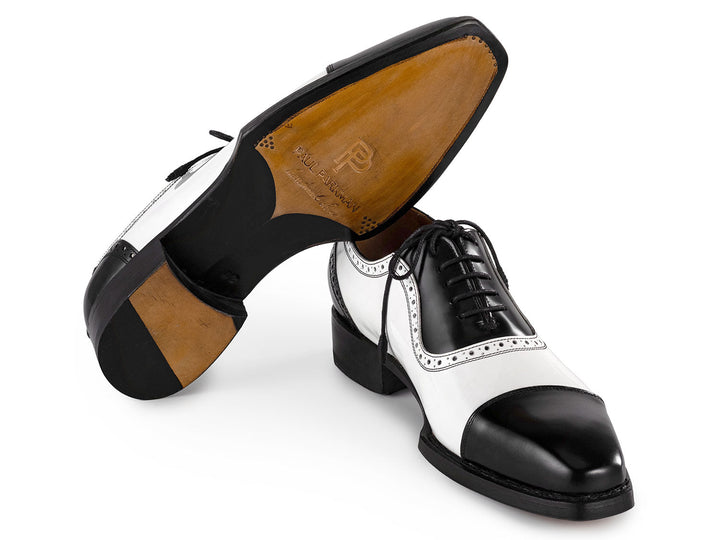 Handcrafted Paul Parkman black and white cap toe Oxfords for men