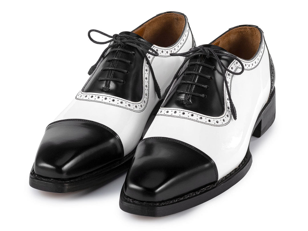 Handcrafted Paul Parkman Men's Goodyear Welted Cap Toe Oxfords in Black & White