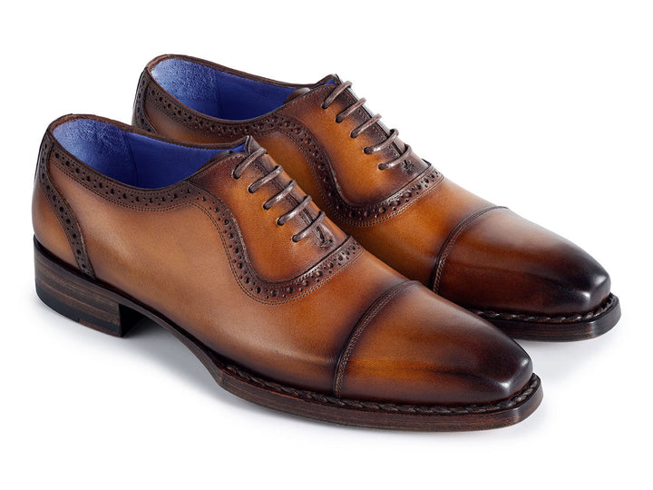 Goodyear welted camel burnished oxfords with cap toe for men