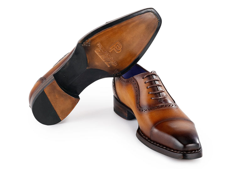 Classic cap toe oxfords in camel burnished for men by Paul Parkman