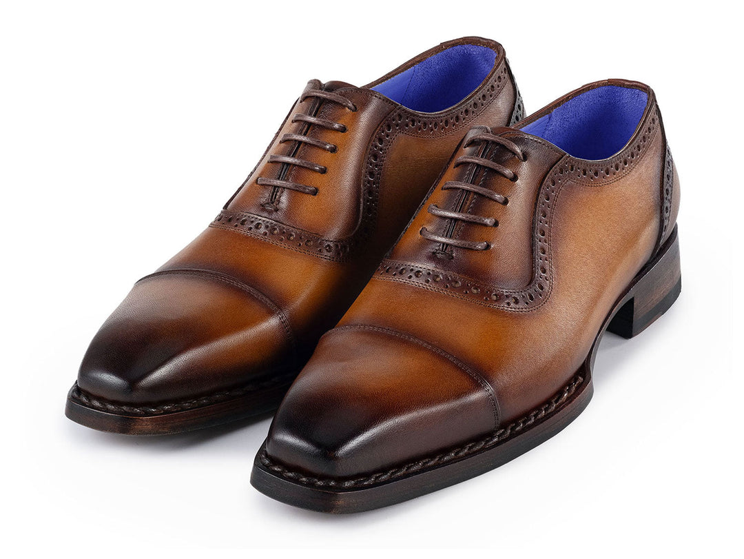 Luxurious camel burnished oxfords with cap toe for men by Paul Parkman