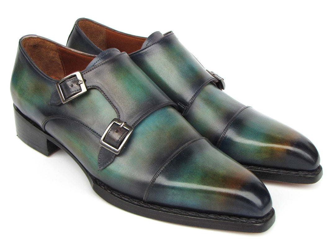 Handcrafted Paul Parkman Men's Cap Toe Double Monkstrap Shoes in Green & Blue Patina