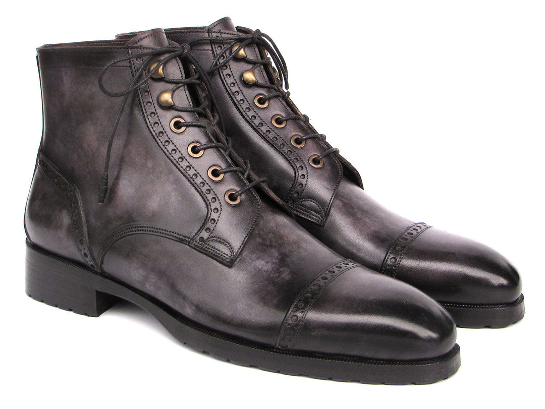 Hand-painted gray and black cap toe boots for men by Paul Parkman