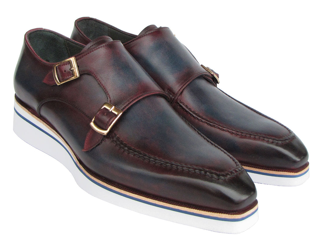 Paul Parkman men's smart casual monkstraps in blue and bordeaux patina, ID#189-BLU-BRD, handcrafted luxury footwear