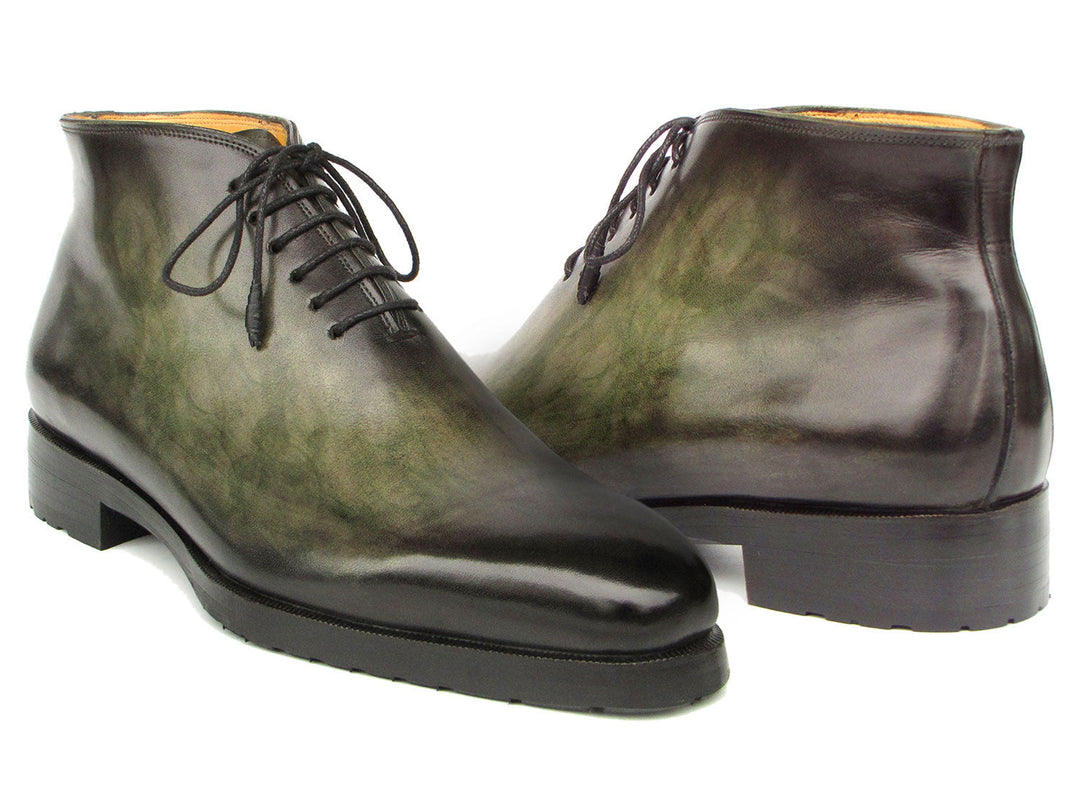 Handcrafted men's ankle boots in green patina leather by Paul Parkman