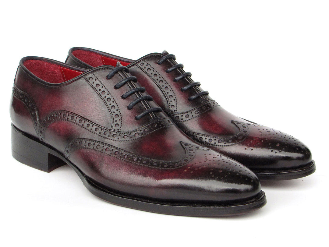 Elegant Paul Parkman Bordeaux Burnished Goodyear Welted Wingtip Oxford Shoes with intricate detailing