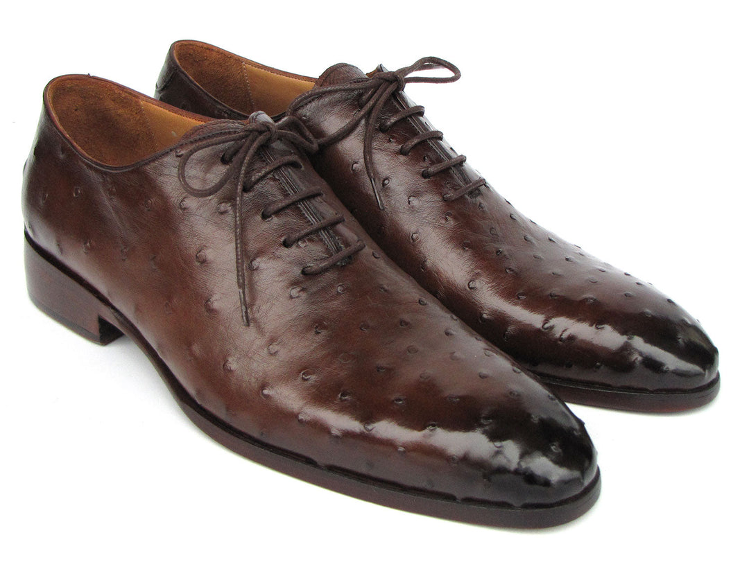 Handcrafted Paul Parkman men's brown genuine ostrich leather oxford shoes, style ID#9475-85, perfect for formal or casual occasions