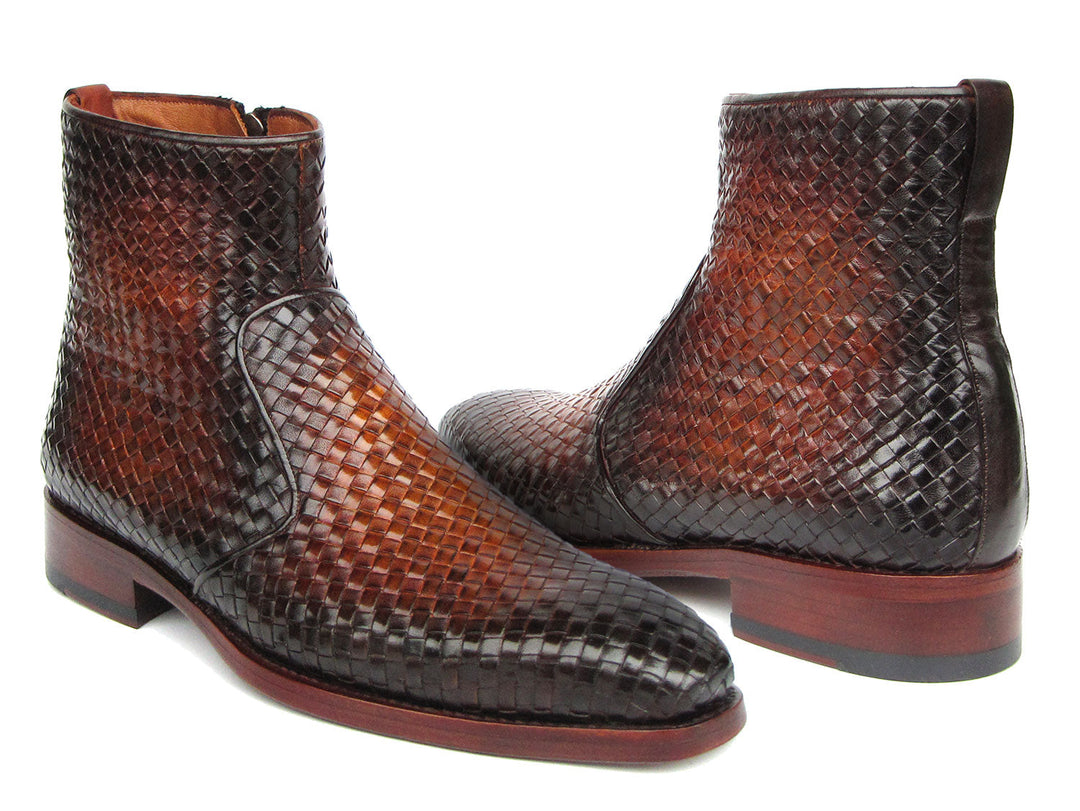 Paul Parkman Brown Burnished Woven Leather Zipper Boots, stylish and durable footwear for men, available with product ID BT269BRW