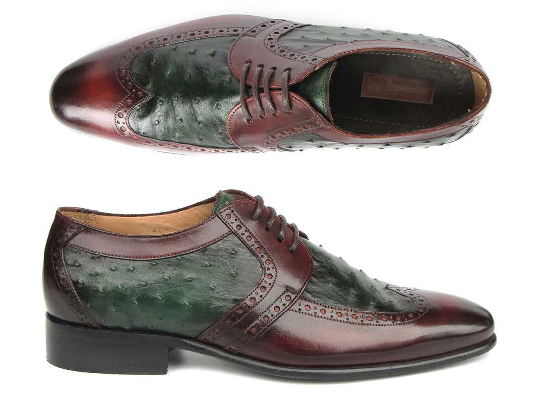 Handcrafted Paul Parkman men's derby shoes in green ostrich and brown leather