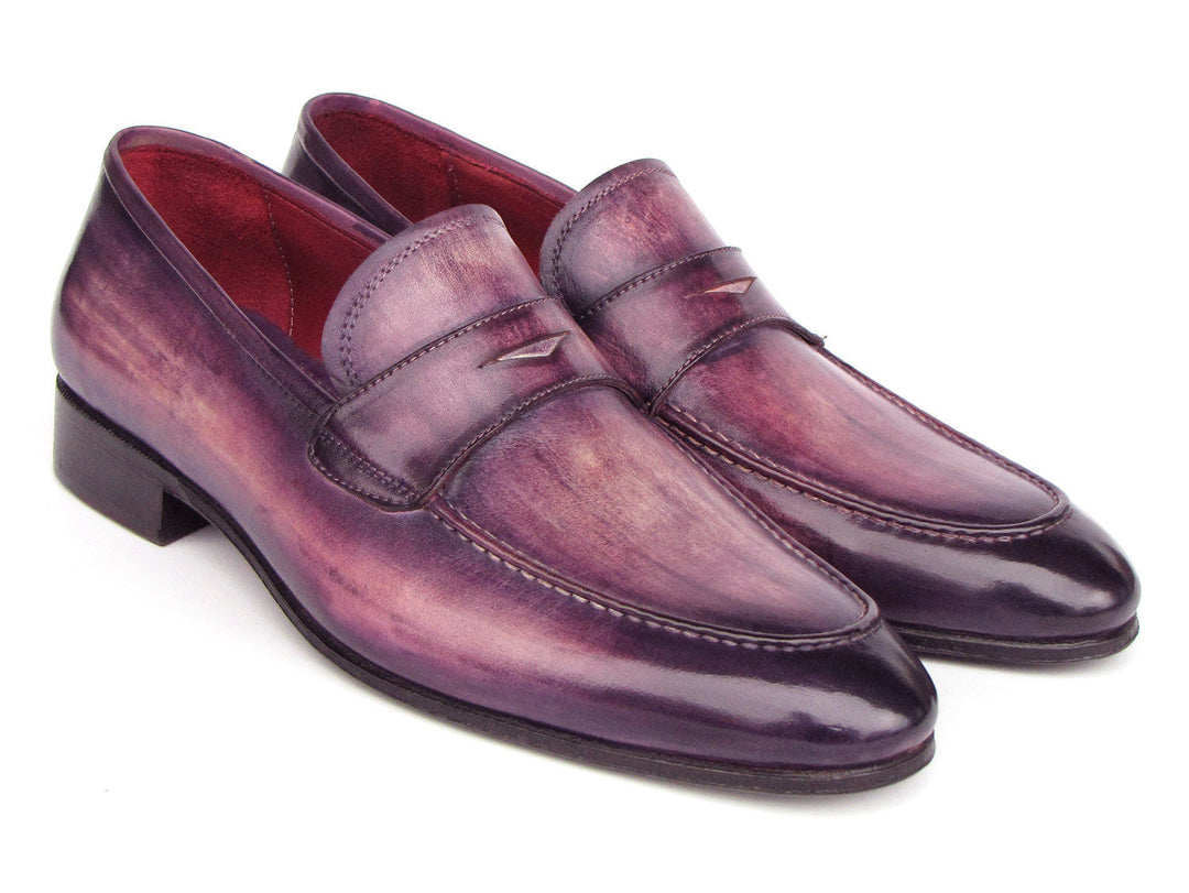 Handcrafted Paul Parkman men's penny loafers in purple patina leather